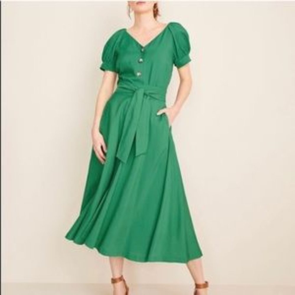 NWT! Ann Taylor Puff Sleeve Top & Tie Waist Midi Skirt in Crystal Green - S & 8